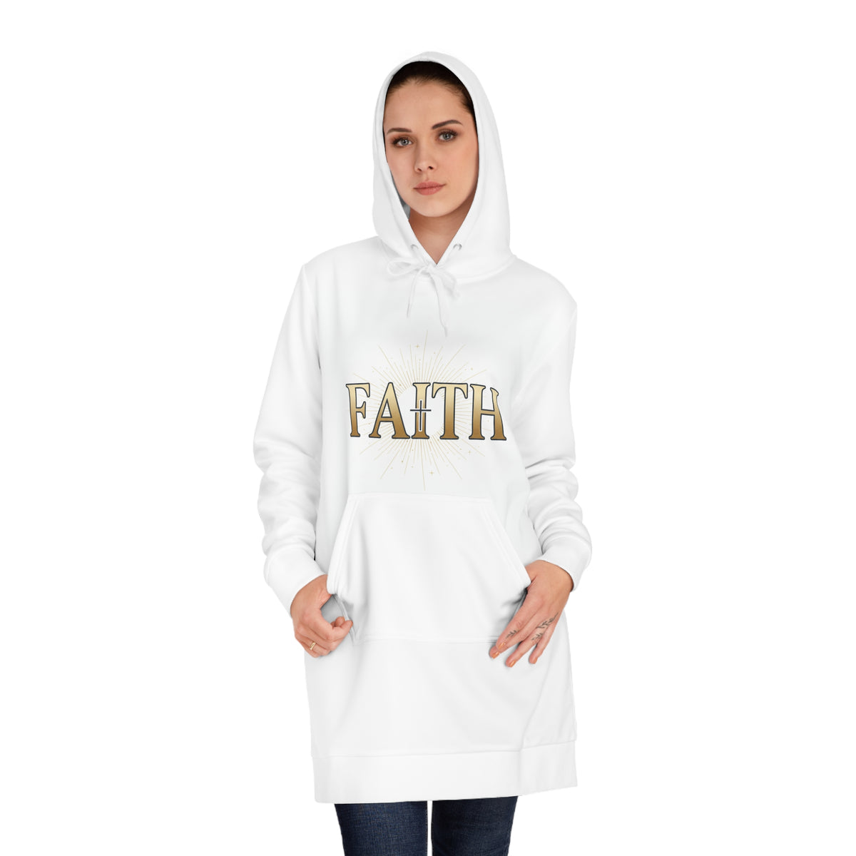 Faith Hoodie Dress — Women's Religious Hoodie Dress with Gold Lettering