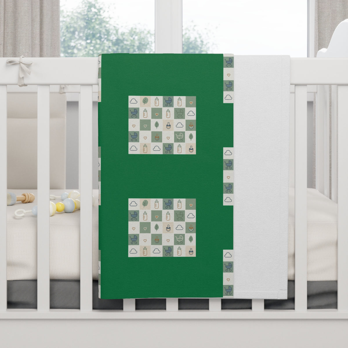 Green Baby Blanket with Cozy Patchwork Blocks — Soft Fleece Nursery Throw