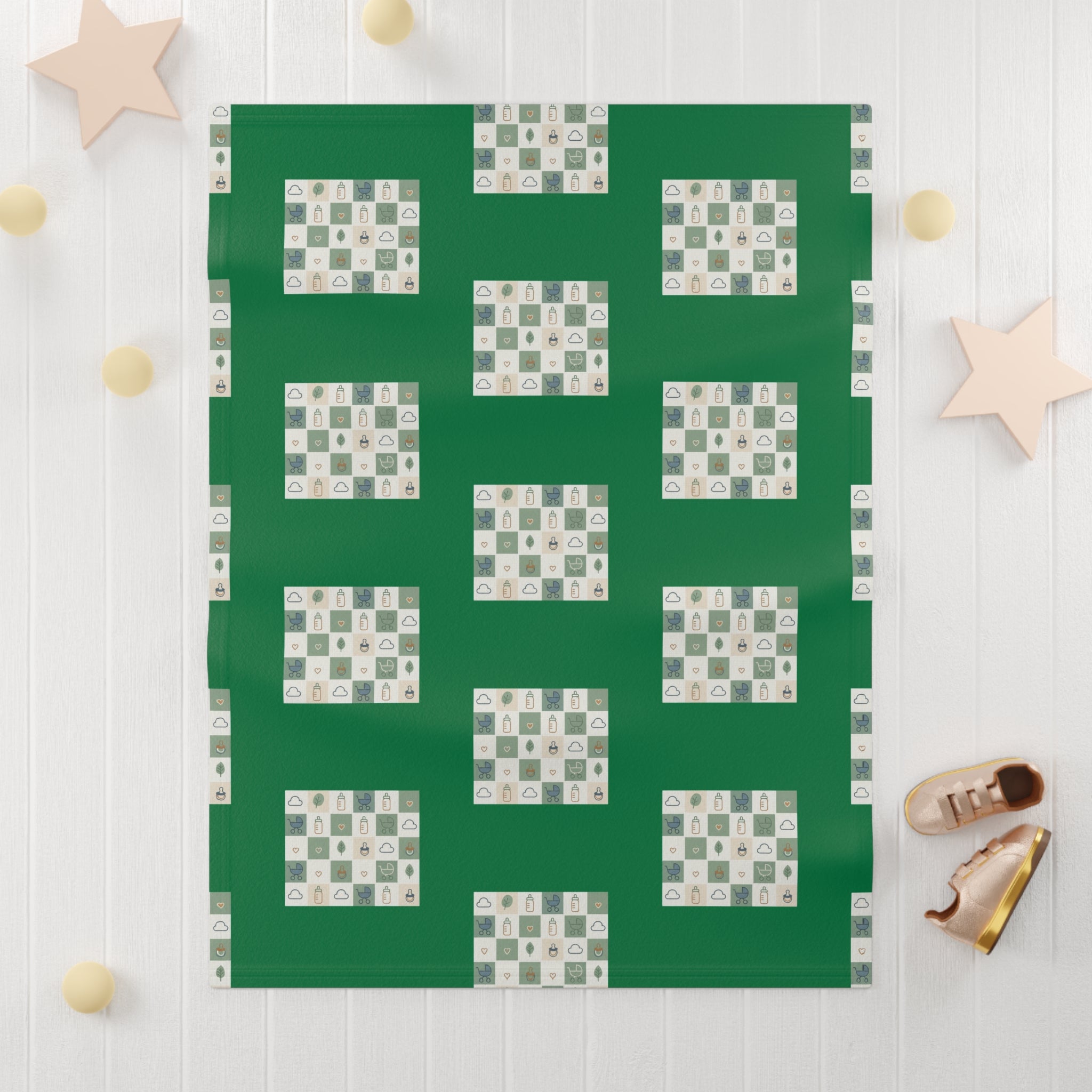 Green Baby Blanket with Cozy Patchwork Blocks — Soft Fleece Nursery Throw