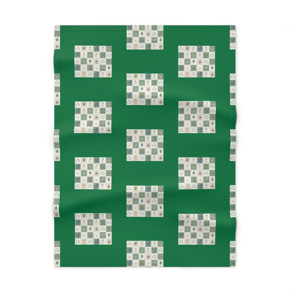 Green Baby Blanket with Cozy Patchwork Blocks — Soft Fleece Nursery Throw