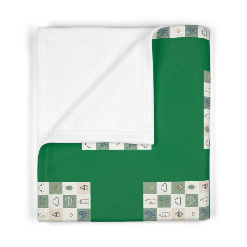 Green Baby Blanket with Cozy Patchwork Blocks — Soft Fleece Nursery Throw