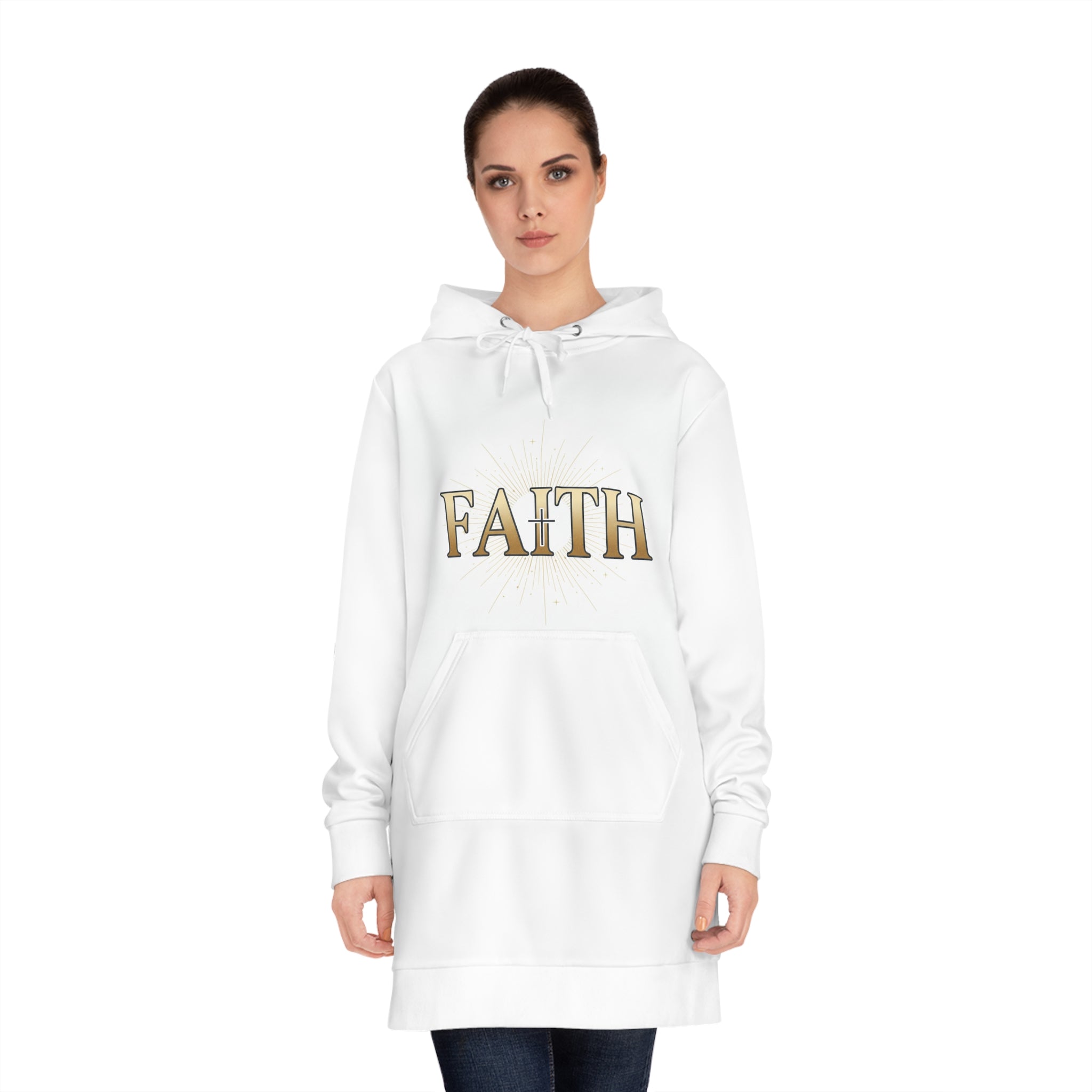 Faith Hoodie Dress — Women's Religious Hoodie Dress with Gold Lettering