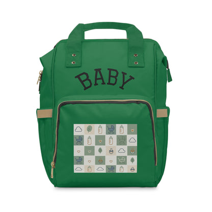 Diaper Backpack — Green Baby Patch Organizer with Bottle & Stroller Pockets