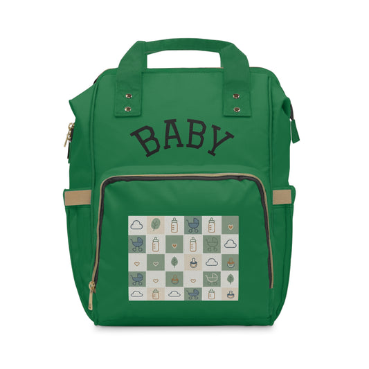 Diaper Backpack — Green Baby Patch Organizer with Bottle & Stroller Pockets